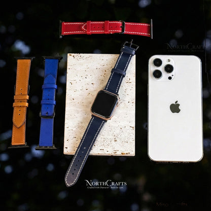 Personalized Handcrafted Navy Leather iWatch Band (38mm–49mm) for Apple Watch Series SE2, 11, 10, 9, 8 & 7 – NorthCrafts