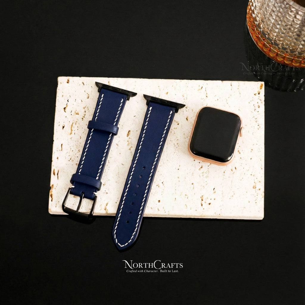 Personalized Handcrafted Navy Leather iWatch Band (38mm–49mm) for Apple Watch Series SE2, 11, 10, 9, 8 & 7 – NorthCrafts