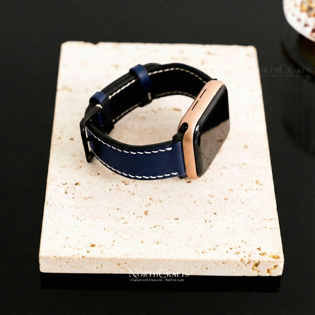 Personalized Handcrafted Navy Leather iWatch Band (38mm–49mm) for Apple Watch Series SE2, 11, 10, 9, 8 & 7 – NorthCrafts