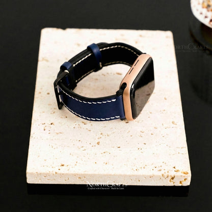 Personalized Handcrafted Navy Leather iWatch Band (38mm–49mm) for Apple Watch Series SE2, 11, 10, 9, 8 & 7 – NorthCrafts