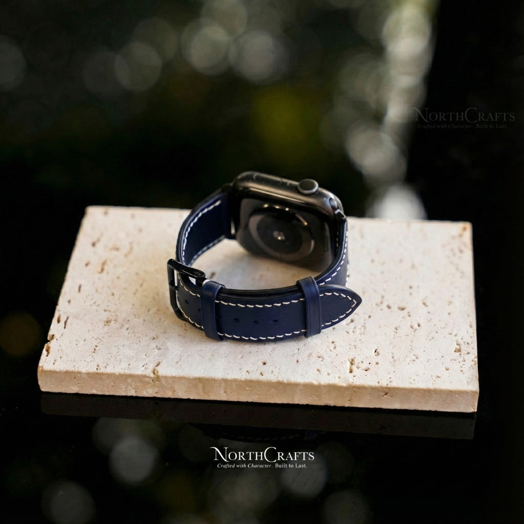 Personalized Handcrafted Navy Leather iWatch Band (38mm–49mm) for Apple Watch Series SE2, 11, 10, 9, 8 & 7 – NorthCrafts