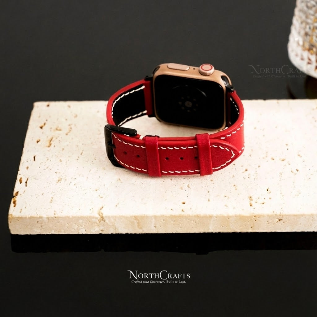 Personalized Handcrafted Red Leather iWatch Band (38mm–49mm) – NorthCrafts