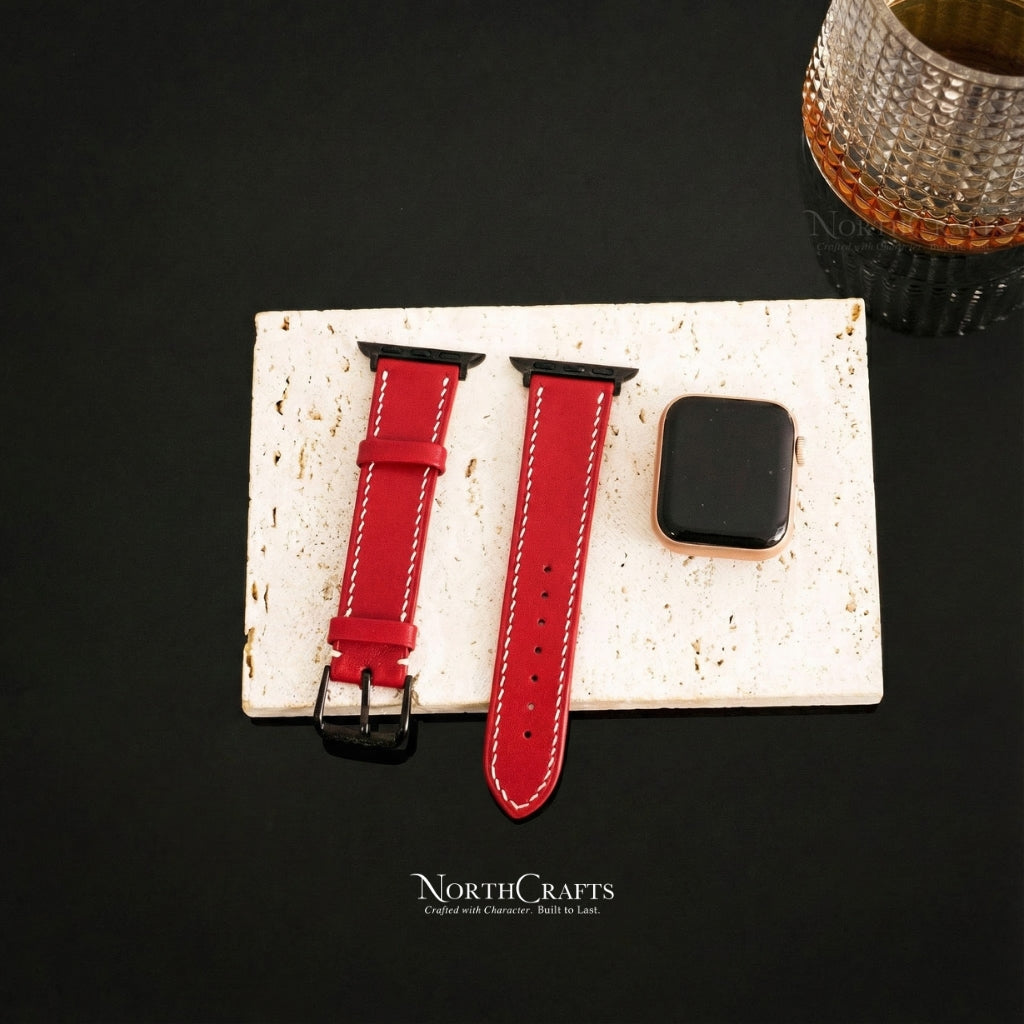 Personalized Handcrafted Red Leather iWatch Band (38mm–49mm) – NorthCrafts