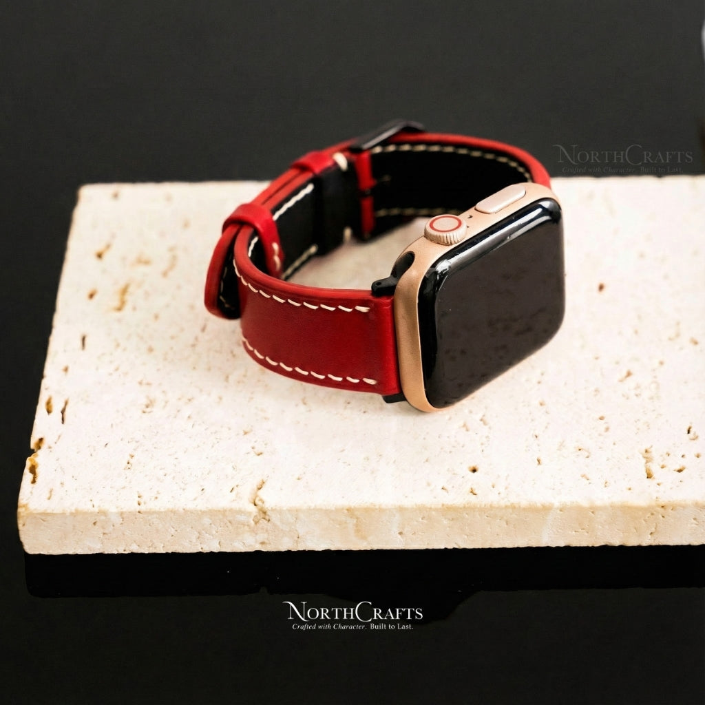 Personalized Handcrafted Red Leather iWatch Band (38mm–49mm) – NorthCrafts