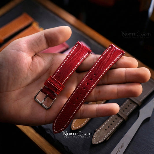 Personalized Handcrafted Red Lizard Leather Watch Strap (16mm–22mm) – NorthCrafts