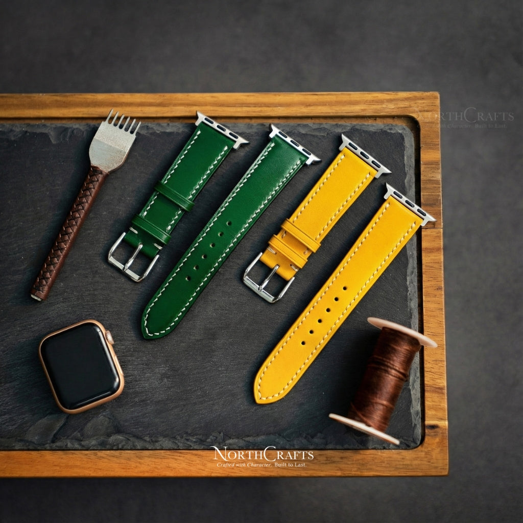 Personalized Handcrafted Yellow Leather iWatch Band (38mm–49mm) for Apple Watch Series SE2, 11, 10, 9, 8 & 7 – NorthCrafts
