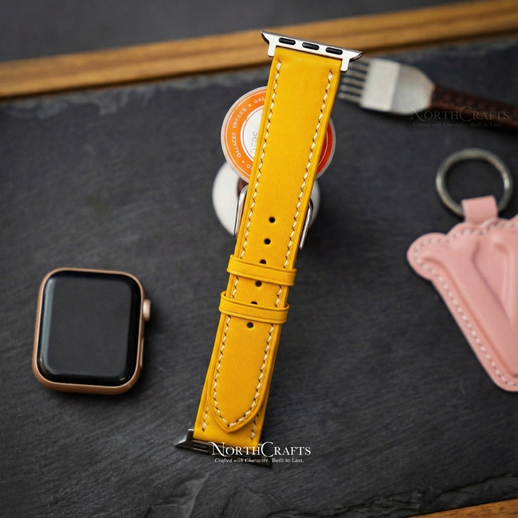 Personalized Handcrafted Yellow Leather iWatch Band (38mm–49mm) for Apple Watch Series SE2, 11, 10, 9, 8 & 7 – NorthCrafts