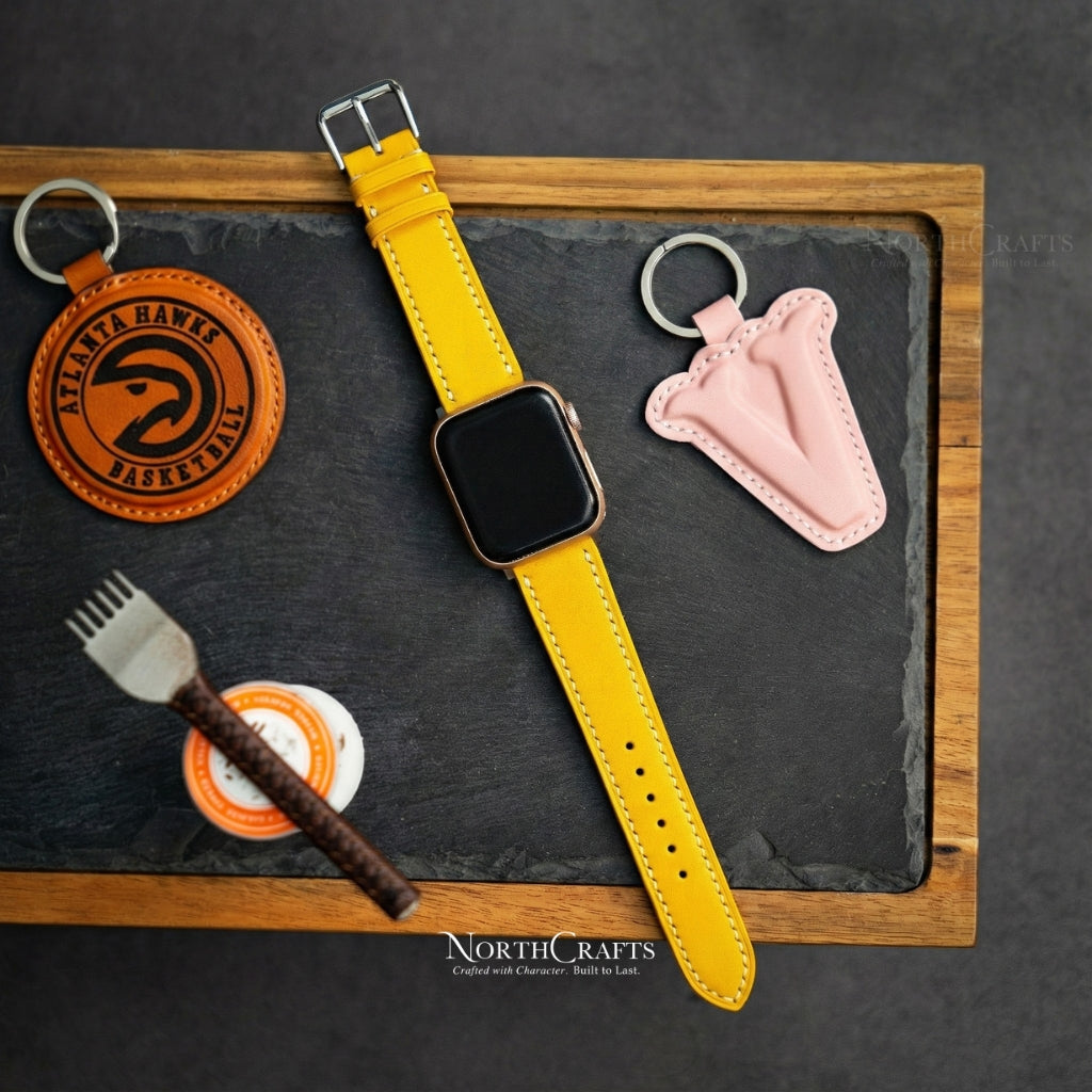 Personalized Handcrafted Yellow Leather iWatch Band (38mm–49mm) for Apple Watch Series SE2, 11, 10, 9, 8 & 7 – NorthCrafts
