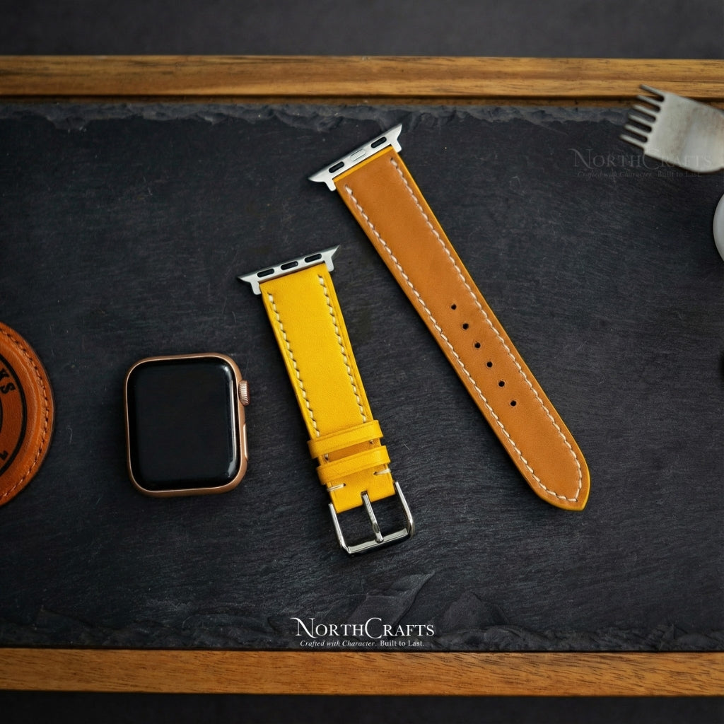 Personalized Handcrafted Yellow Leather iWatch Band (38mm–49mm) for Apple Watch Series SE2, 11, 10, 9, 8 & 7 – NorthCrafts