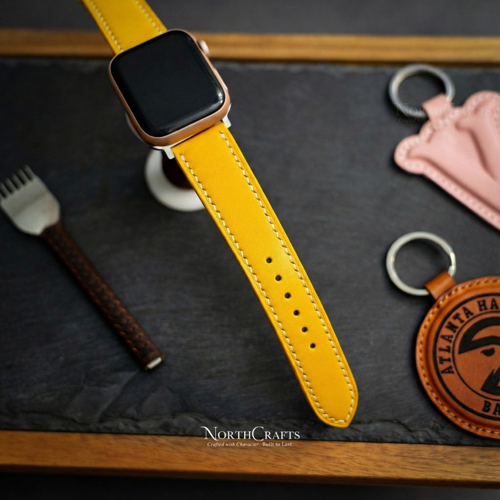 Personalized Handcrafted Yellow Leather iWatch Band (38mm–49mm) for Apple Watch Series SE2, 11, 10, 9, 8 & 7 – NorthCrafts