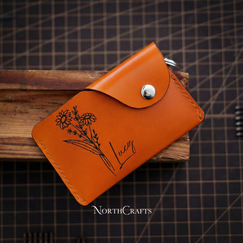 Personalized Handmade Leather Keychain Wallet with Birth Flower – NorthCrafts