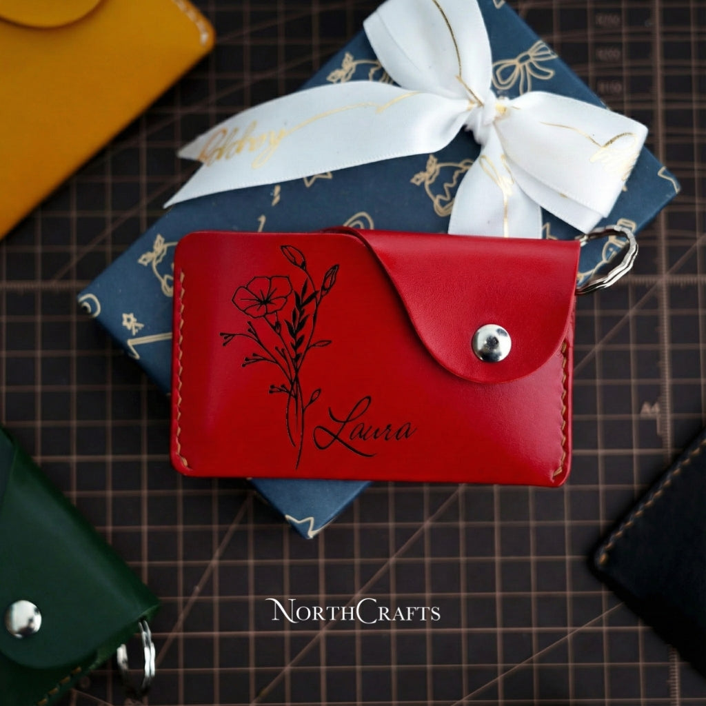 Personalized Handmade Leather Keychain Wallet with Birth Flower – NorthCrafts