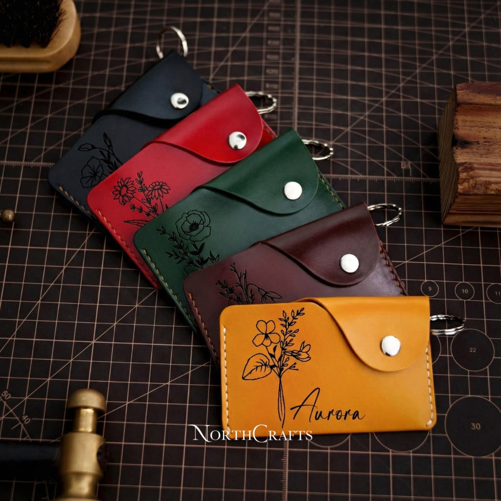 Personalized Handmade Leather Keychain Wallet with Birth Flower – NorthCrafts