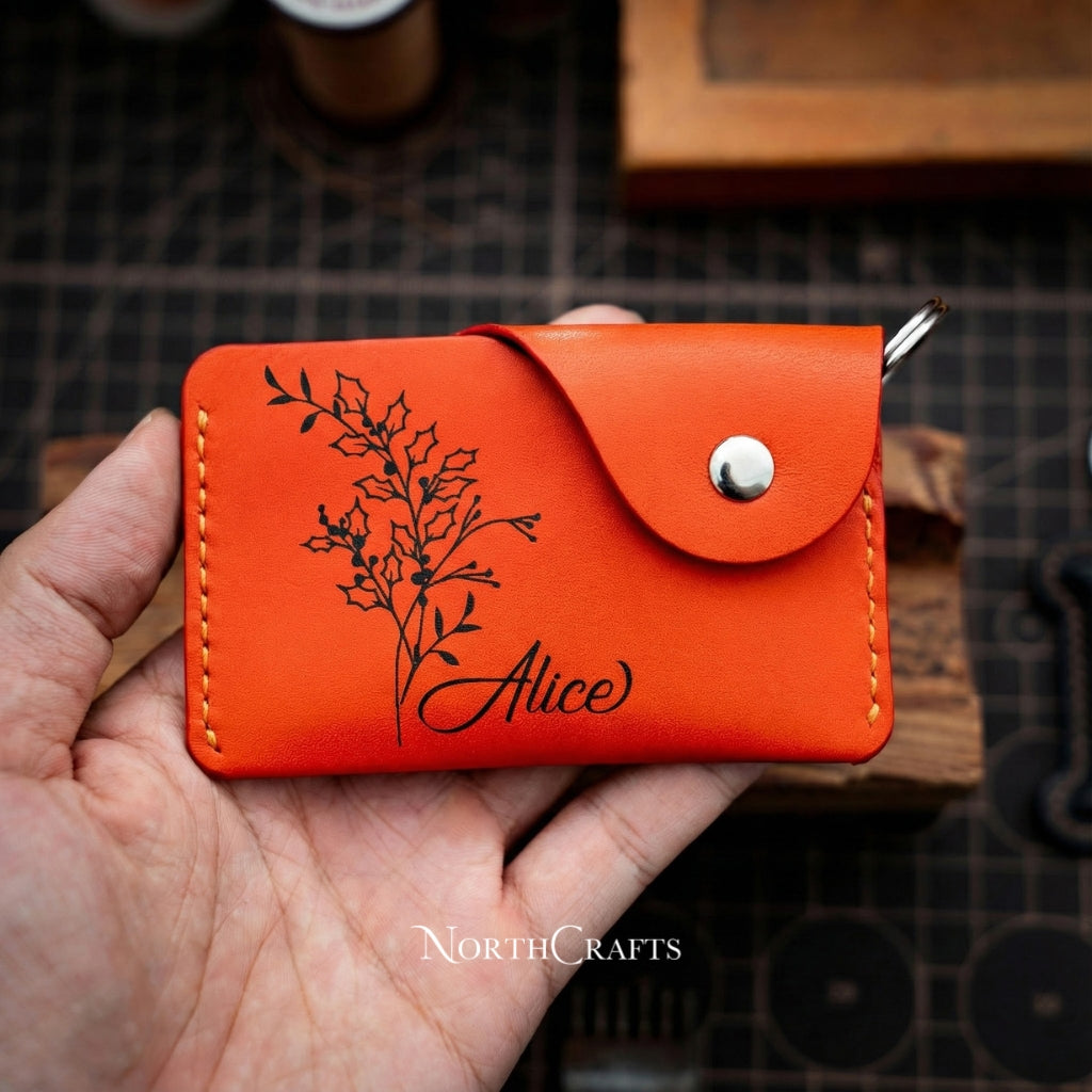 Personalized Handmade Leather Keychain Wallet with Birth Flower – NorthCrafts