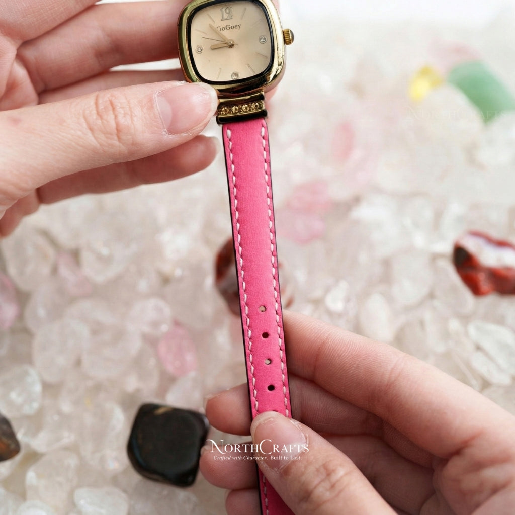 Pink Leather Watch Band for Women (8mm–14mm) – Personalized Handmade – NorthCrafts | NorthCrafts