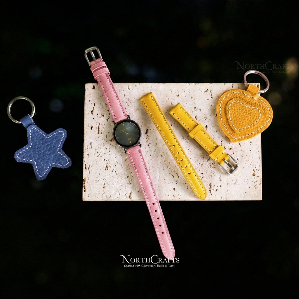 Pink Leather Watch Strap for Women (8mm–14mm) – Personalized Handmade – NorthCrafts | NorthCrafts