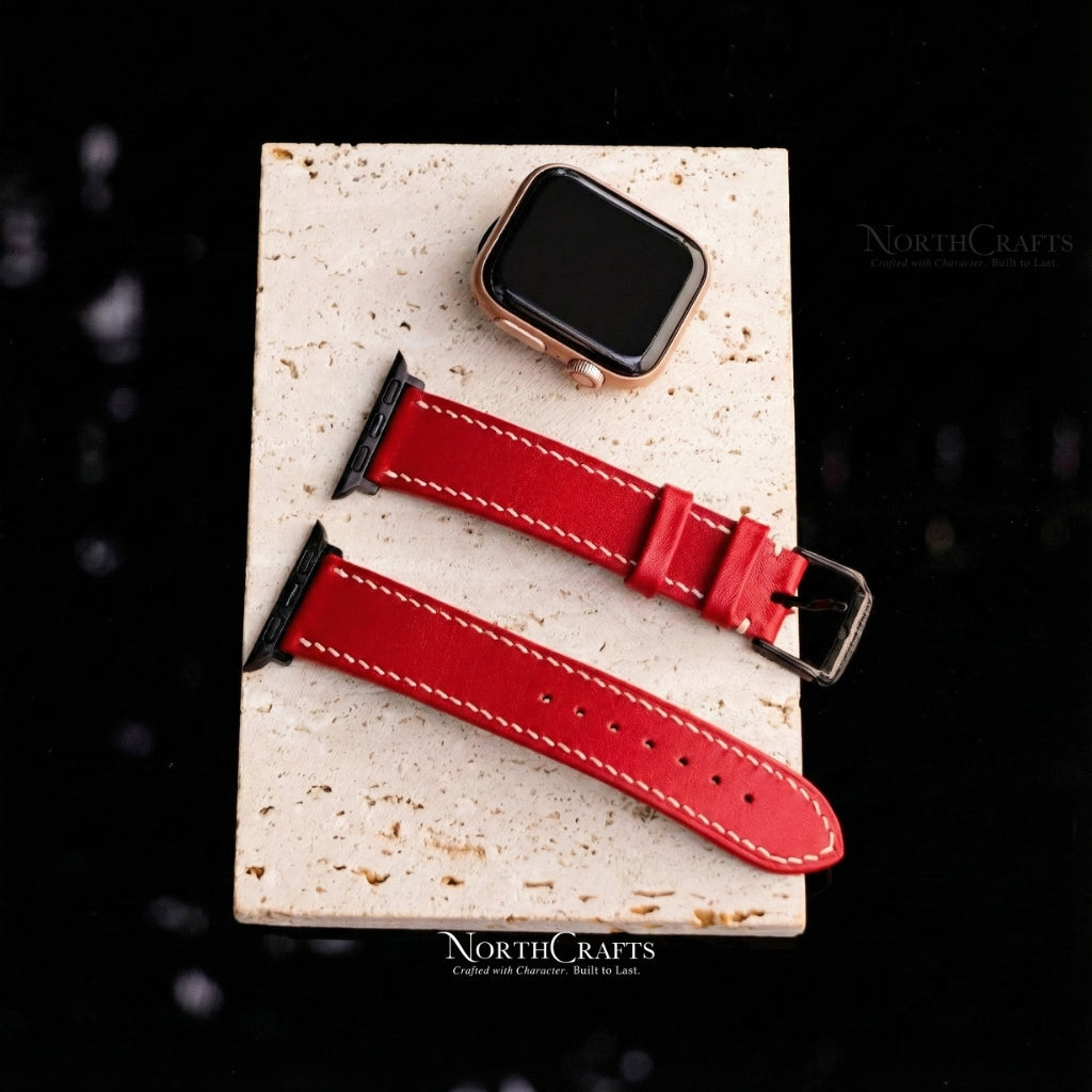 Red Leather iWatch Band (38mm–49mm) – Personalized Handmade – NorthCrafts | NorthCrafts