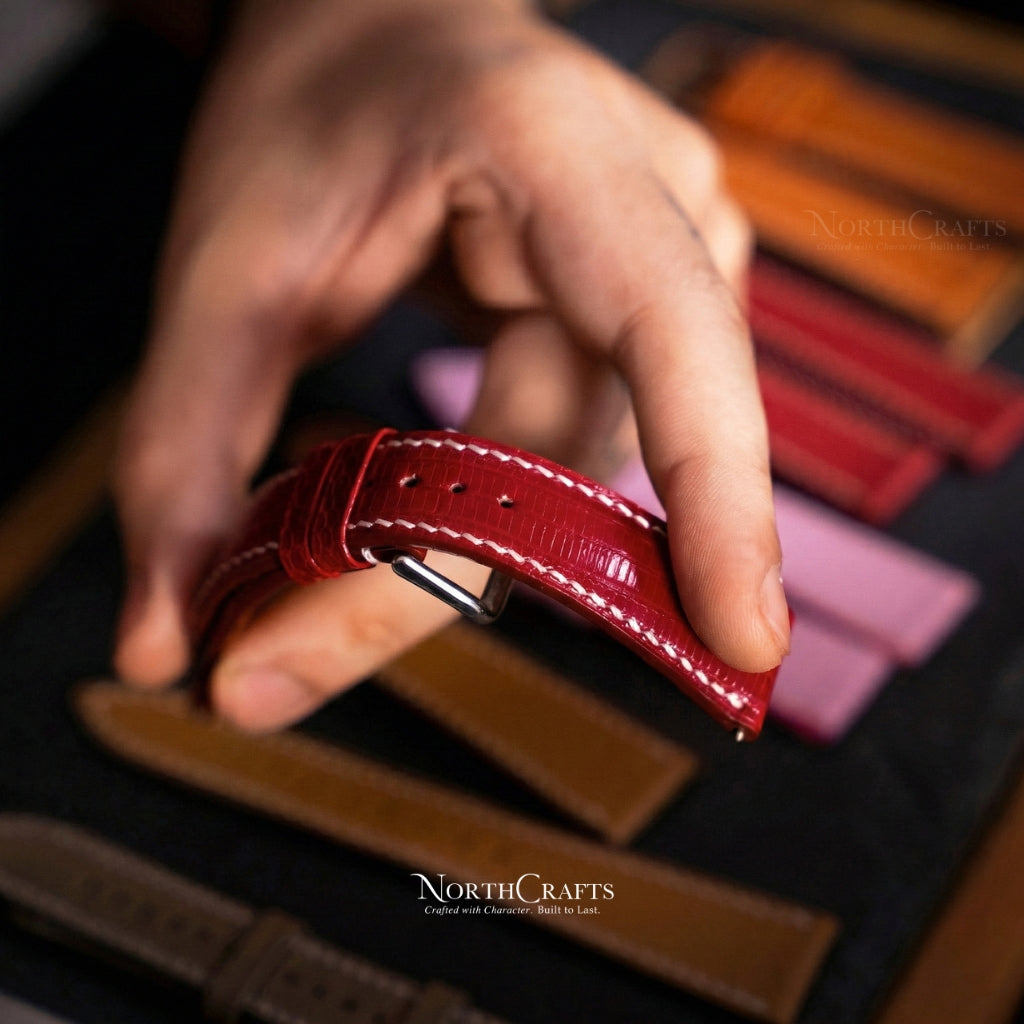 Red Lizard Leather Watch Strap (16mm–22mm) – Personalized Handmade – NorthCrafts | NorthCrafts