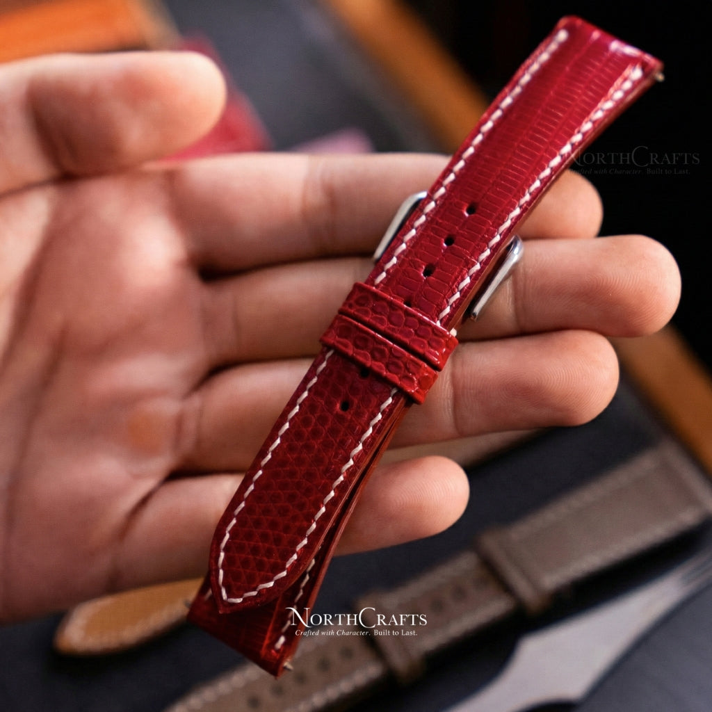 Red Lizard Leather Watch Strap (16mm–22mm) – Personalized Handmade – NorthCrafts | NorthCrafts
