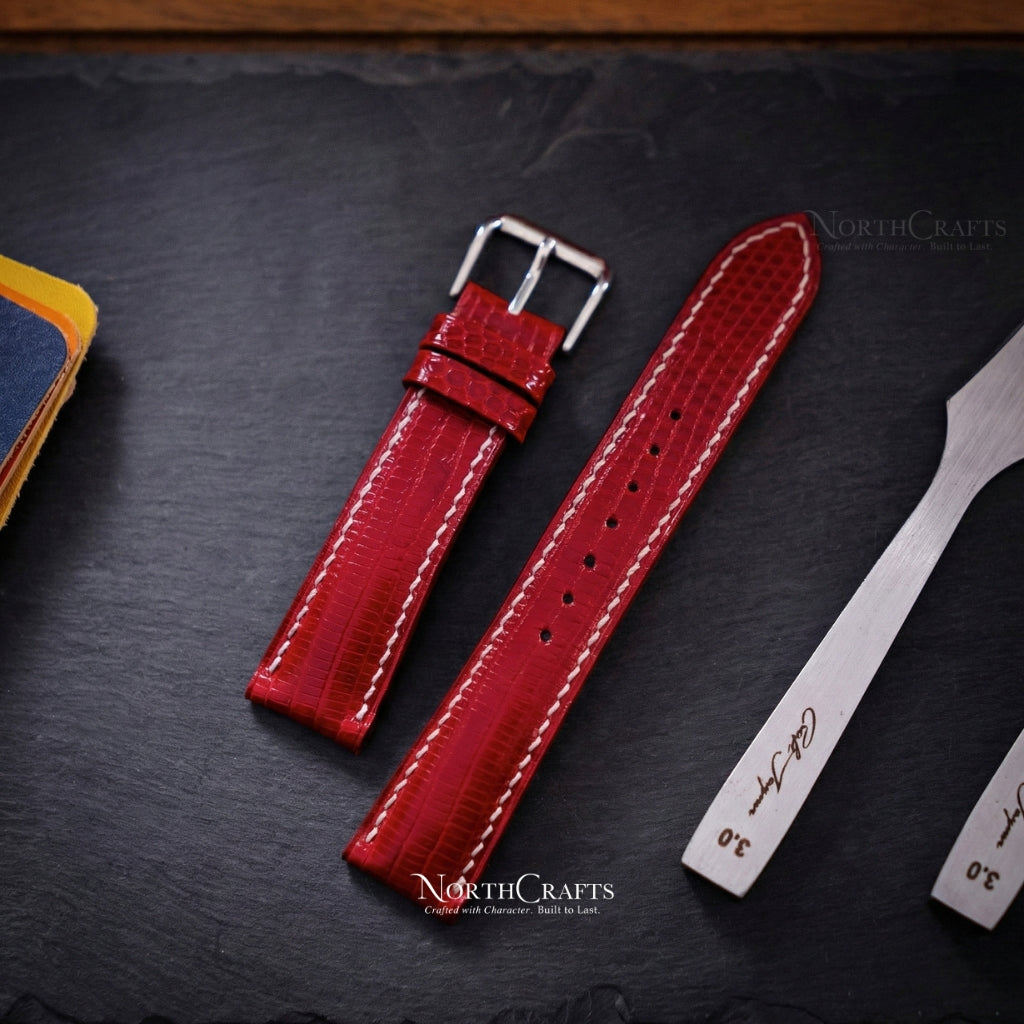 Red Lizard Leather Watch Strap (16mm–22mm) – Personalized Handmade – NorthCrafts | NorthCrafts