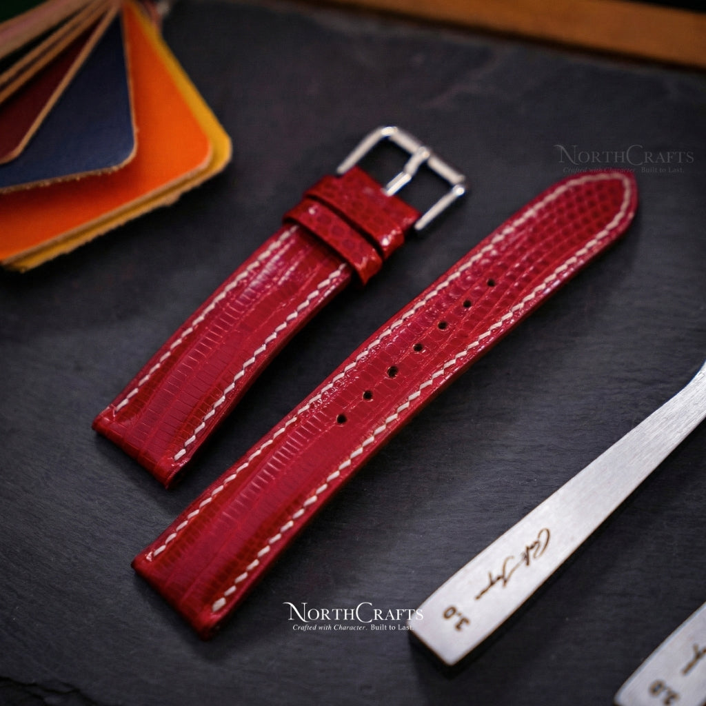 Red Lizard Leather Watch Strap (16mm–22mm) – Personalized Handmade – NorthCrafts | NorthCrafts