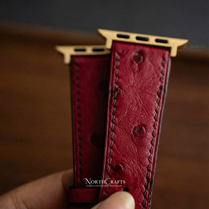 Red Ostrich Leather iWatch Band (38mm–49mm) for Apple Watch Series SE2, 11, 10, 9, 8 & 7 – Personalized Handmade – NorthCrafts | NorthCrafts