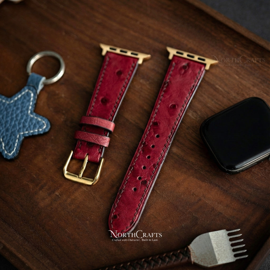 Red Ostrich Leather iWatch Band (38mm–49mm) for Apple Watch Series SE2, 11, 10, 9, 8 & 7 – Personalized Handmade – NorthCrafts | NorthCrafts
