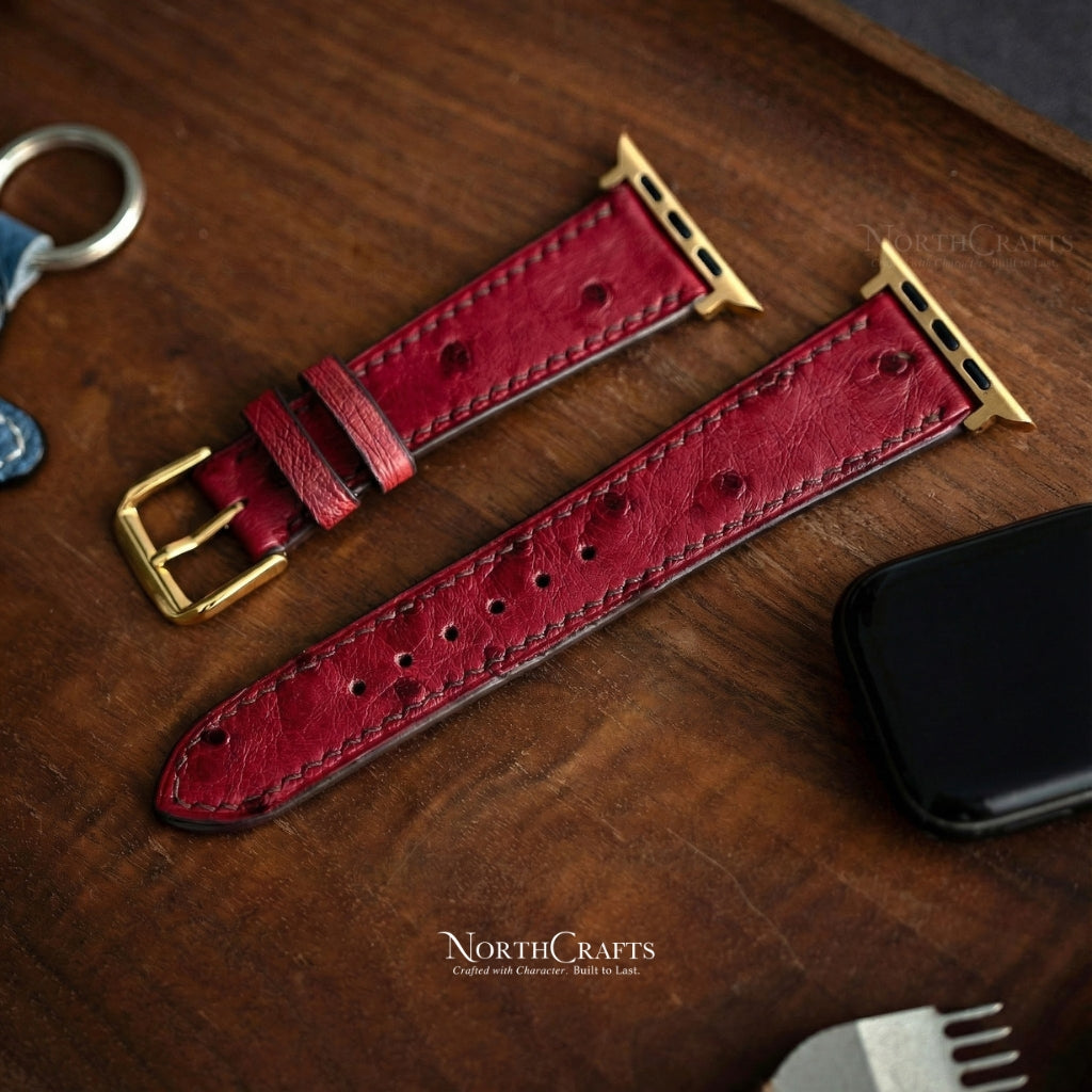 Red Ostrich Leather iWatch Band (38mm–49mm) for Apple Watch Series SE2, 11, 10, 9, 8 & 7 – Personalized Handmade – NorthCrafts | NorthCrafts