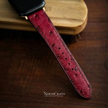 Red Ostrich Leather iWatch Band (38mm–49mm) for Apple Watch Series SE2, 11, 10, 9, 8 & 7 – Personalized Handmade – NorthCrafts | NorthCrafts