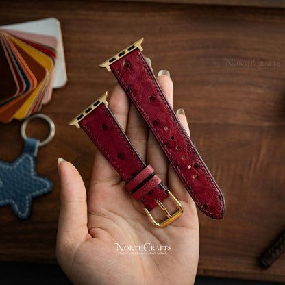 Red Ostrich Leather iWatch Band (38mm–49mm) for Apple Watch Series SE2, 11, 10, 9, 8 & 7 – Personalized Handmade – NorthCrafts | NorthCrafts