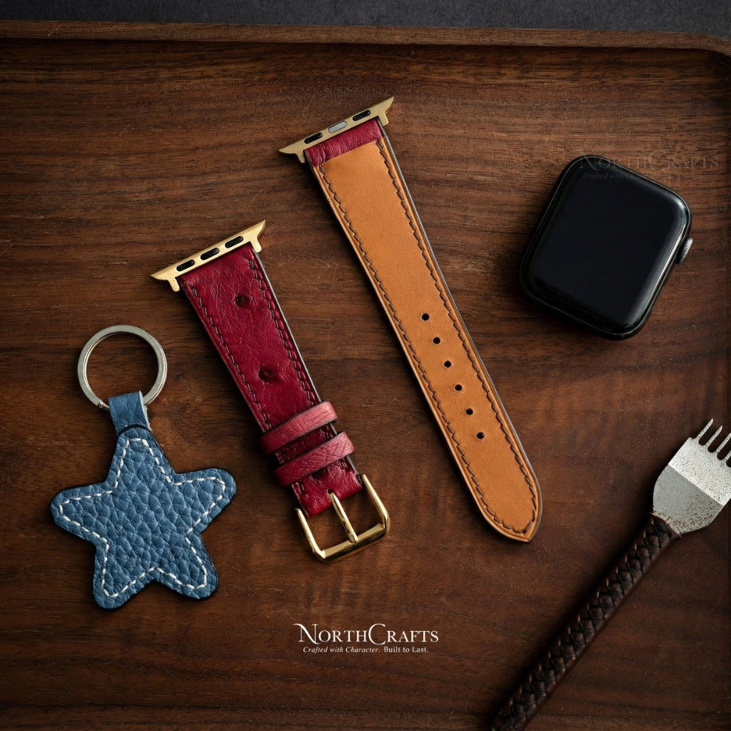 Red Ostrich Leather iWatch Band (38mm–49mm) for Apple Watch Series SE2, 11, 10, 9, 8 & 7 – Personalized Handmade – NorthCrafts | NorthCrafts