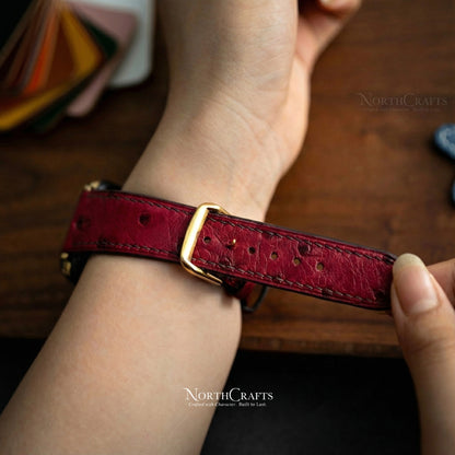 Red Ostrich Leather iWatch Band (38mm–49mm) for Apple Watch Series SE2, 11, 10, 9, 8 & 7 – Personalized Handmade – NorthCrafts | NorthCrafts