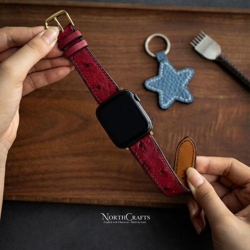 Red Ostrich Leather iWatch Band (38mm–49mm) for Apple Watch Series SE2, 11, 10, 9, 8 & 7 – Personalized Handmade – NorthCrafts | NorthCrafts