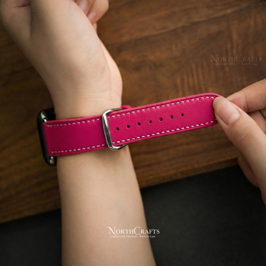 Rose Pink Leather iWatch Band (38mm–49mm) for Apple Watch Series SE2, 11, 10, 9, 8 & 7 – Personalized Handmade – NorthCrafts | NorthCrafts