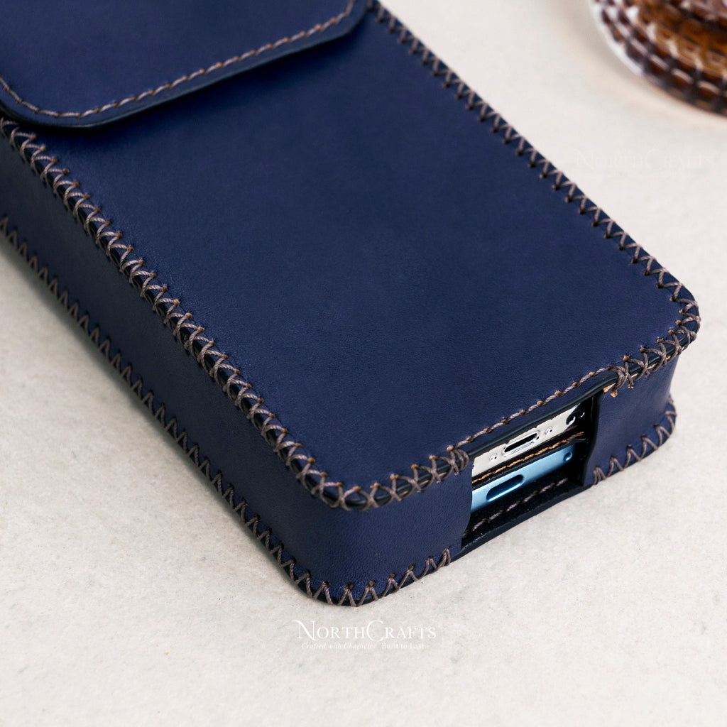 Vertical Leather Dual Phone Case with Belt Loop for iPhone 17, 16, 15 & 14 Series – Personalized Handmade – NorthCrafts | NorthCrafts
