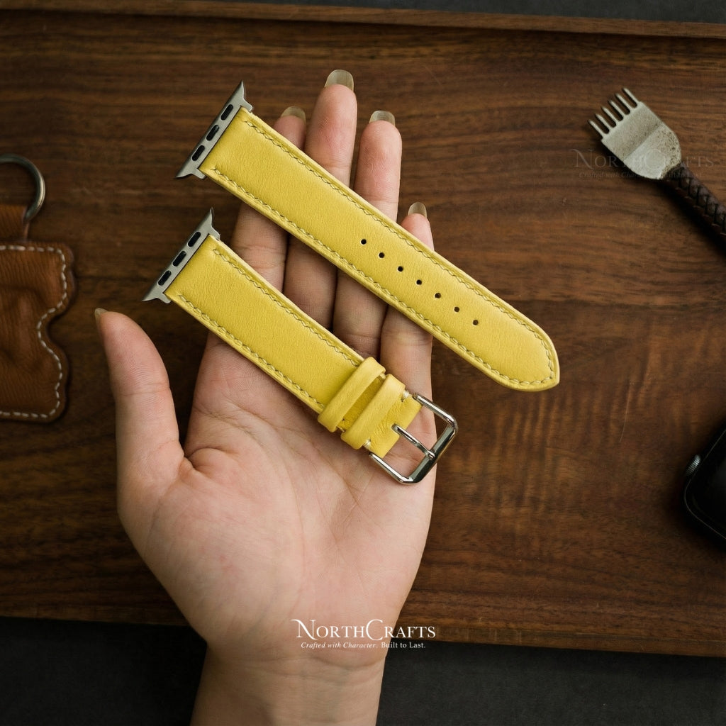 Yellow Leather iWatch Band (38mm–49mm) for Apple Watch Series SE2, 11, 10, 9, 8 & 7 – Personalized Handmade – NorthCrafts | NorthCrafts