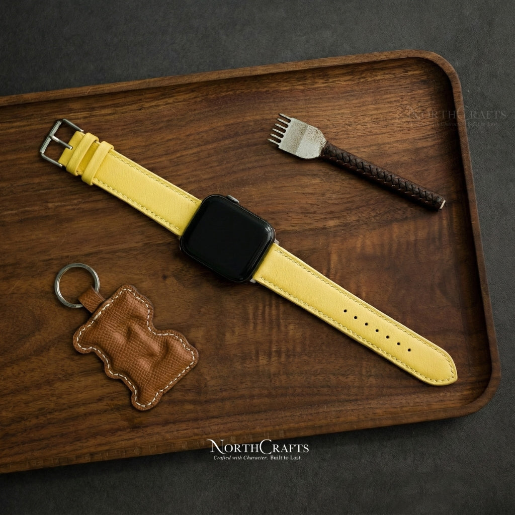 Yellow Leather iWatch Band (38mm–49mm) for Apple Watch Series SE2, 11, 10, 9, 8 & 7 – Personalized Handmade – NorthCrafts | NorthCrafts