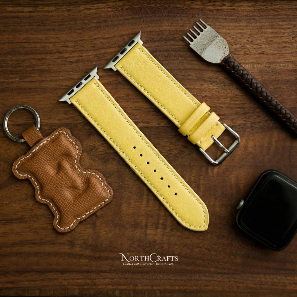 Yellow Leather iWatch Band (38mm–49mm) for Apple Watch Series SE2, 11, 10, 9, 8 & 7 – Personalized Handmade – NorthCrafts | NorthCrafts