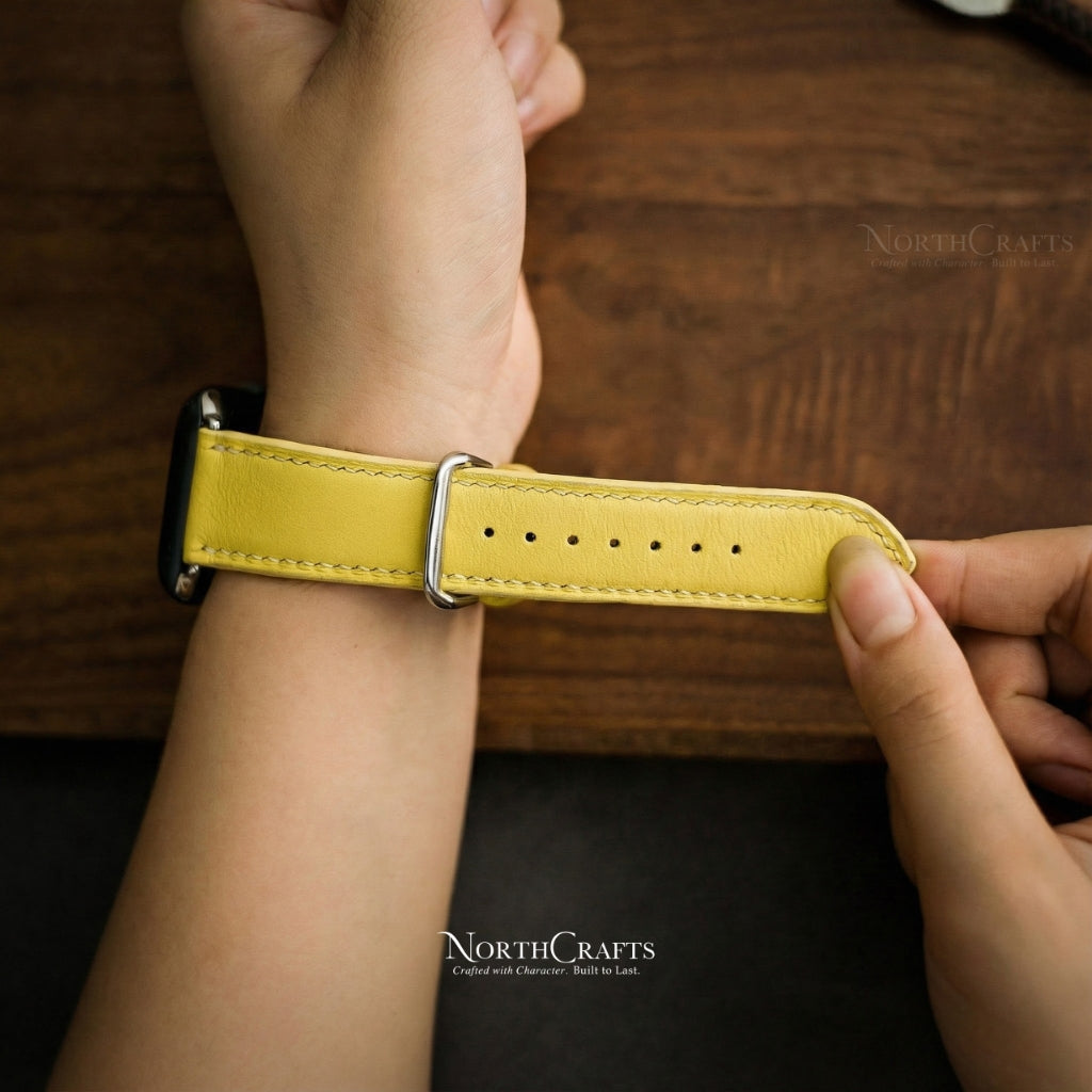 Yellow Leather iWatch Band (38mm–49mm) for Apple Watch Series SE2, 11, 10, 9, 8 & 7 – Personalized Handmade – NorthCrafts | NorthCrafts