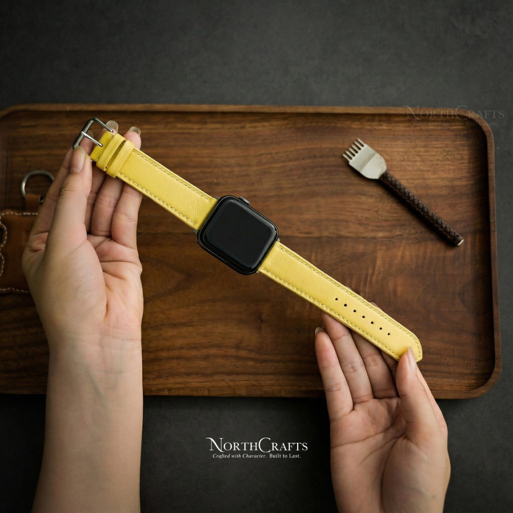 Yellow Leather iWatch Band (38mm–49mm) for Apple Watch Series SE2, 11, 10, 9, 8 & 7 – Personalized Handmade – NorthCrafts | NorthCrafts
