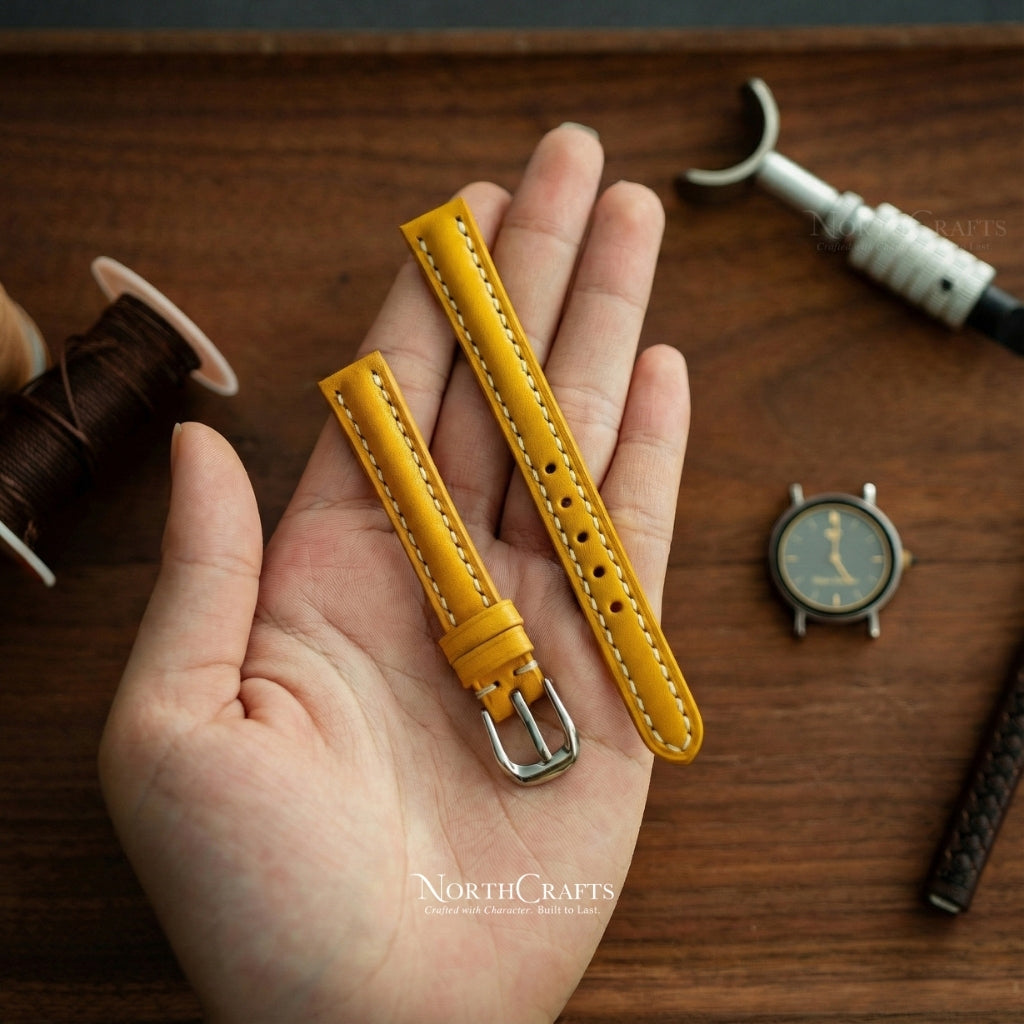 Yellow Leather Watch Strap for Women (8mm–14mm) – Personalized Handmade – NorthCrafts | NorthCrafts